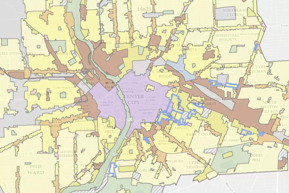 A map showing proposed zones for future development in the city of Rochester, New York.